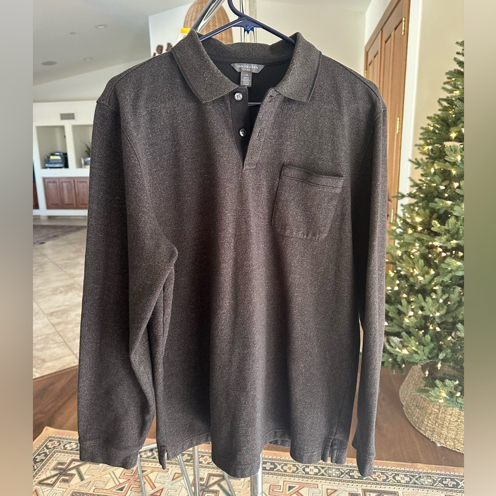 Men's Van Heusen Flex Charcoal Gray Long Sleeve Pullover Collared Polo Shirt L
